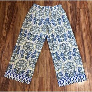 CeCe Pants Womens Large Linen Rayon Pull On Wide Leg Blue Yellow Floral